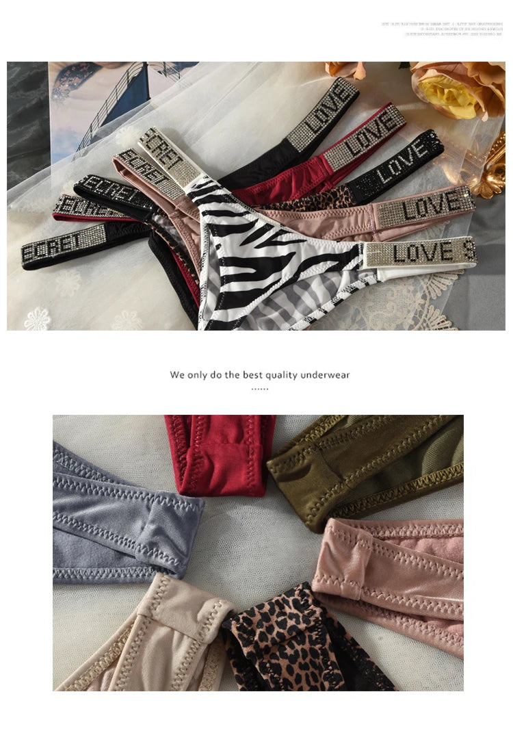 Low Waist Sexy Panties Women Thongs Rhinestones Letter Diamonds G-string Sports Thong Shorts Briefs T-back Fitness S-XL