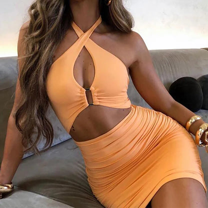 2022 Sleeveless Backless Hollow Out Bodycon Dress Summer Sexy Ruched Halter Mini Dresses Women Evening Dresses Party Club Outfit