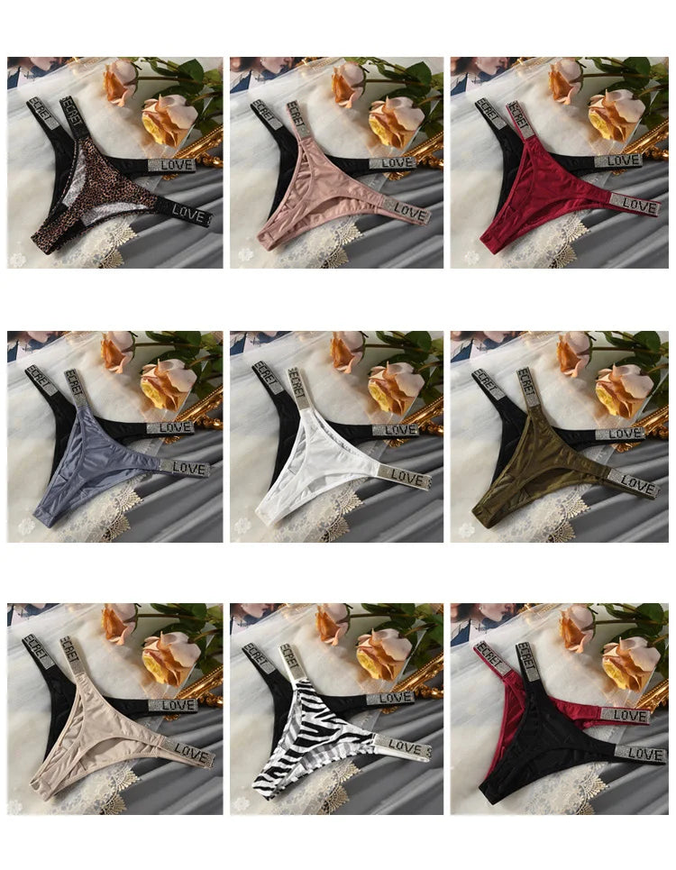 Low Waist Sexy Panties Women Thongs Rhinestones Letter Diamonds G-string Sports Thong Shorts Briefs T-back Fitness S-XL