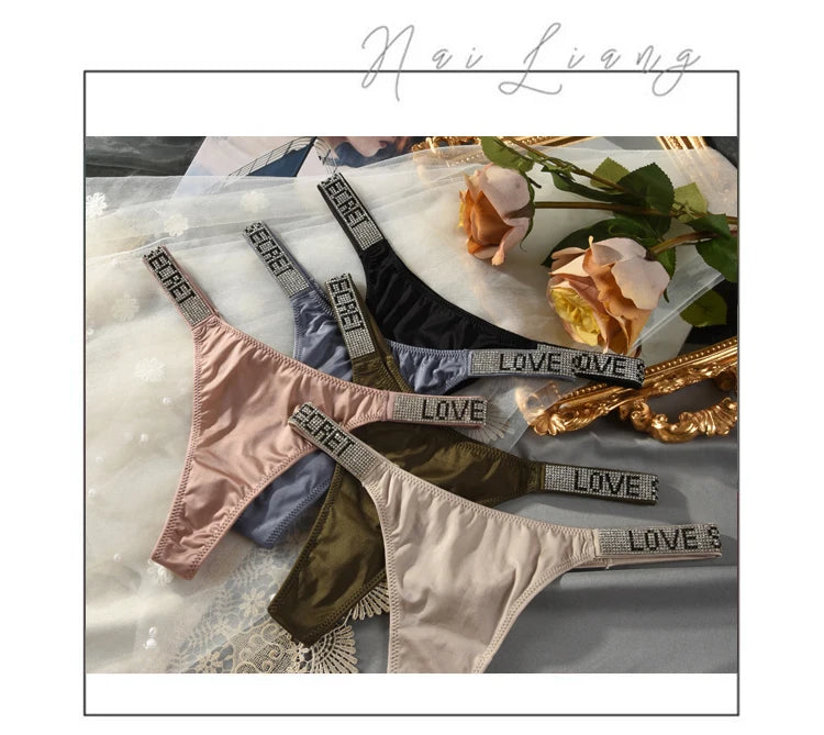 Low Waist Sexy Panties Women Thongs Rhinestones Letter Diamonds G-string Sports Thong Shorts Briefs T-back Fitness S-XL