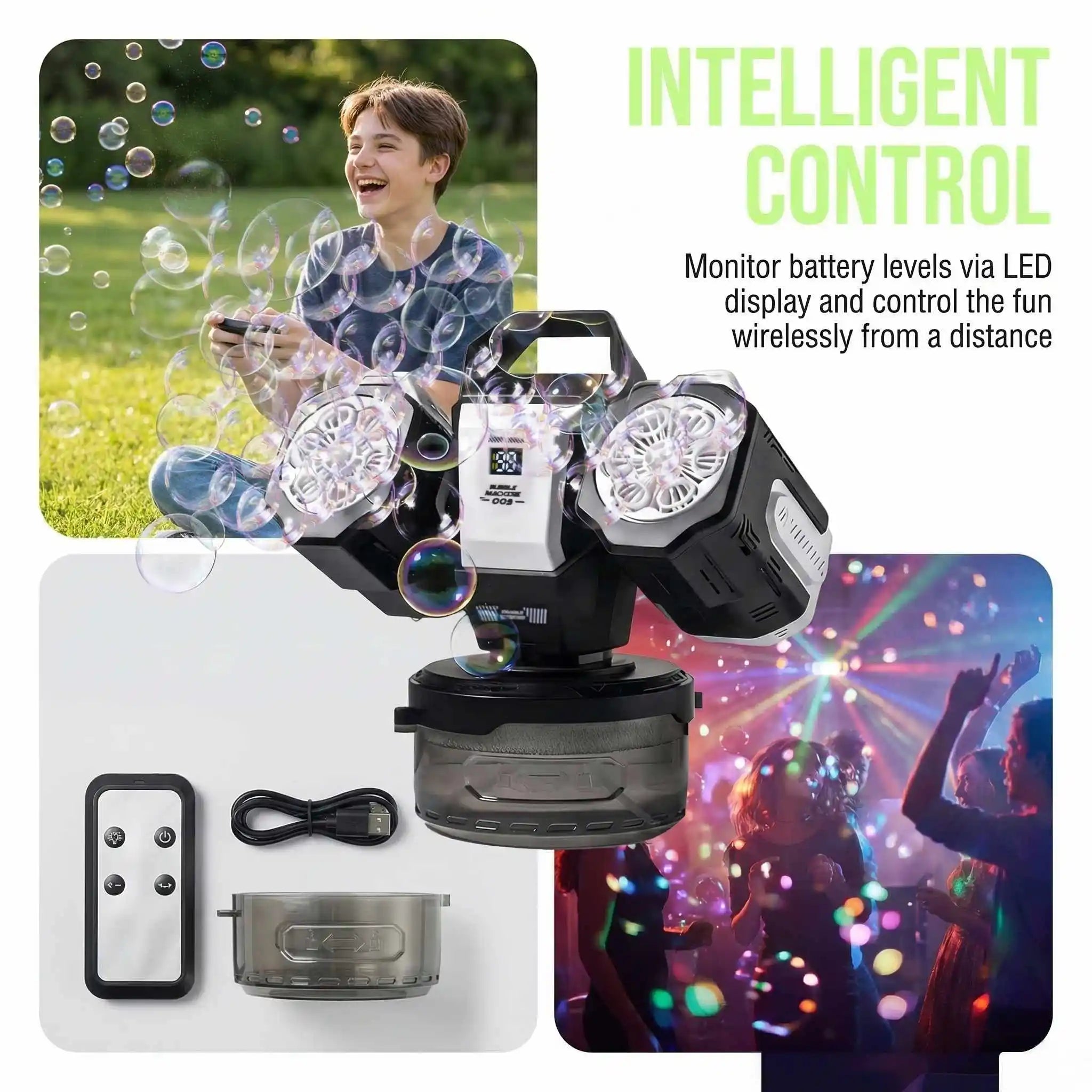 2026 Rechargeable RGB Bubble Machine, 30000 Bubbles/Min, 360° Auto Rotation, Type-C & Remote Control. Great for Weddings, Kids Parties & Outdoor Activities