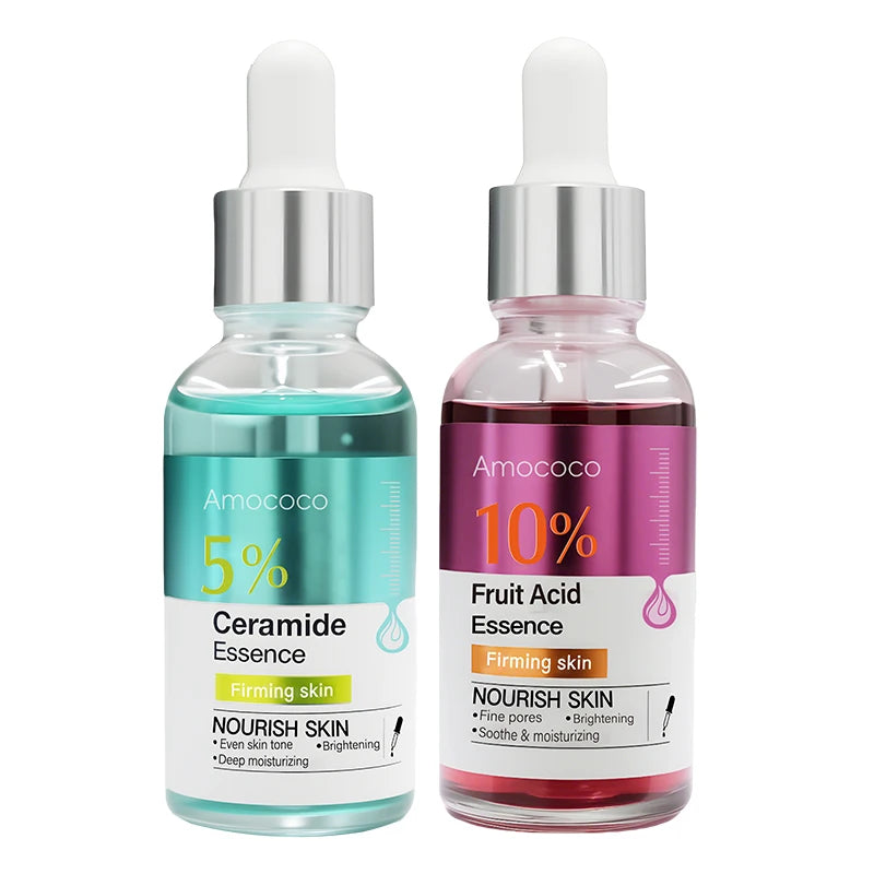 Amococo 2pcs Facial Serum Ceramide Essence 5% Fruit Acid Essence 10% Face Moisturizer Serum with Hyaluronic Acid Hydrating Brightening Skin Care Essence Lightweight Daily Skincare for Women Men 30ml