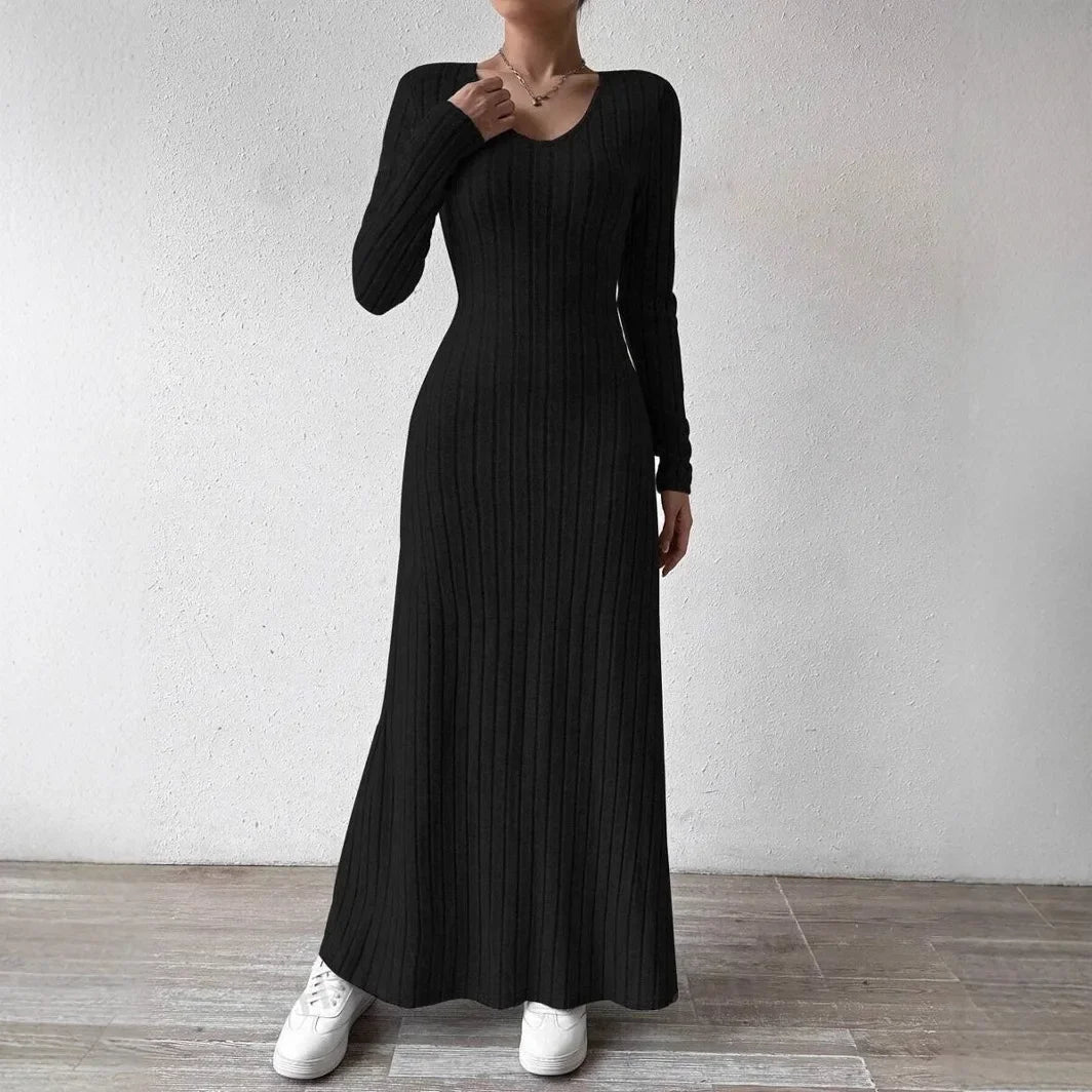Fashionable Knitted Long Sleeve A- Line Streetwear Dress For Women Smooths And Slims Your Silhouette Solid Color Long Dress