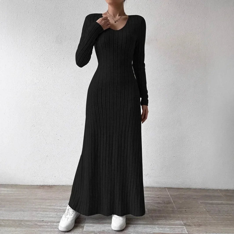 Fashionable Knitted Long Sleeve A- Line Streetwear Dress For Women Smooths And Slims Your Silhouette Solid Color Long Dress