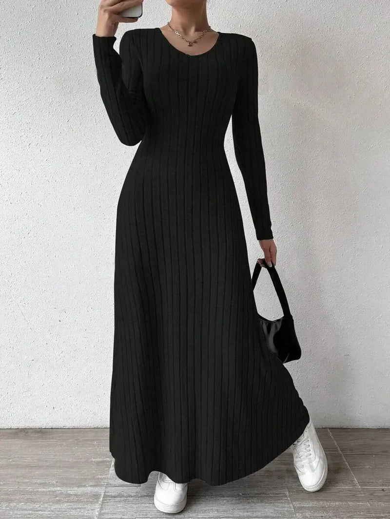 Fashionable Knitted Long Sleeve A- Line Streetwear Dress For Women Smooths And Slims Your Silhouette Solid Color Long Dress