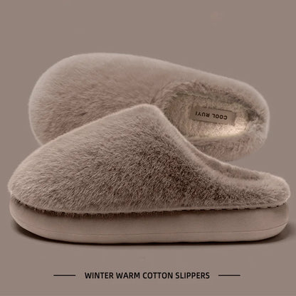 Faux Furry Warm Home Cotton Slippers Women 2025 Winter Closed Toe Platform Plush Slippers Woman Cozy Non Slip Cotton Slides Lady