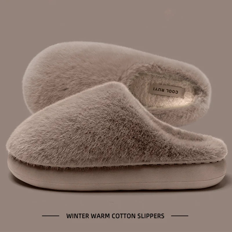 Faux Furry Warm Home Cotton Slippers Women 2025 Winter Closed Toe Platform Plush Slippers Woman Cozy Non Slip Cotton Slides Lady