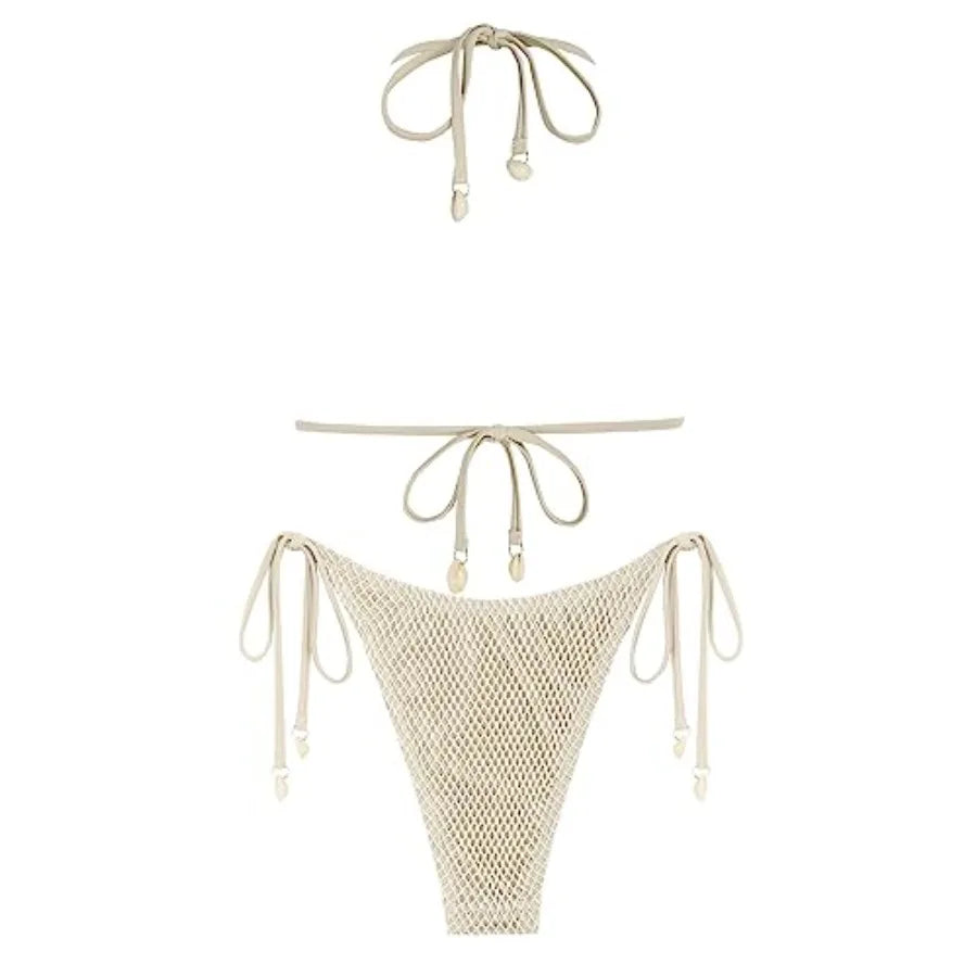 Women's Triangle Bikini Multiway Fishnet Tie Side Bandeau Halter String Bikini Set Two Pcs Swimsuit Bathing Suits