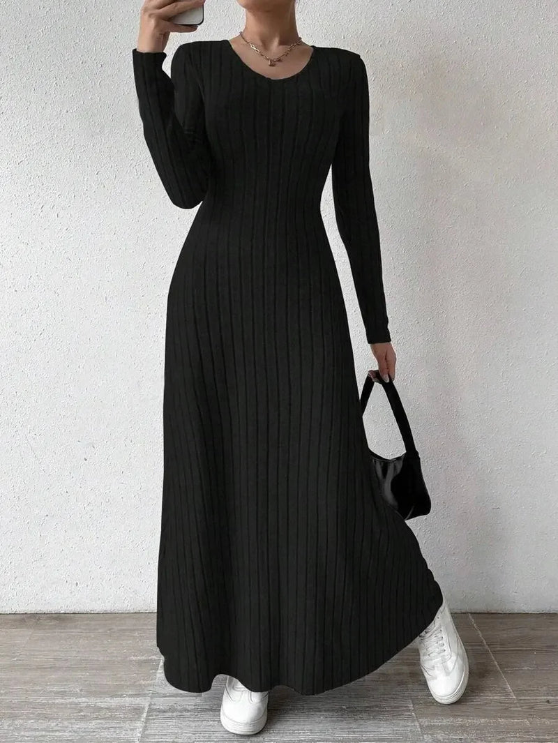 Fashionable Knitted Long Sleeve A- Line Streetwear Dress For Women Smooths And Slims Your Silhouette Solid Color Long Dress