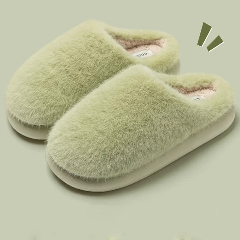 Faux Furry Warm Home Cotton Slippers Women 2025 Winter Closed Toe Platform Plush Slippers Woman Cozy Non Slip Cotton Slides Lady