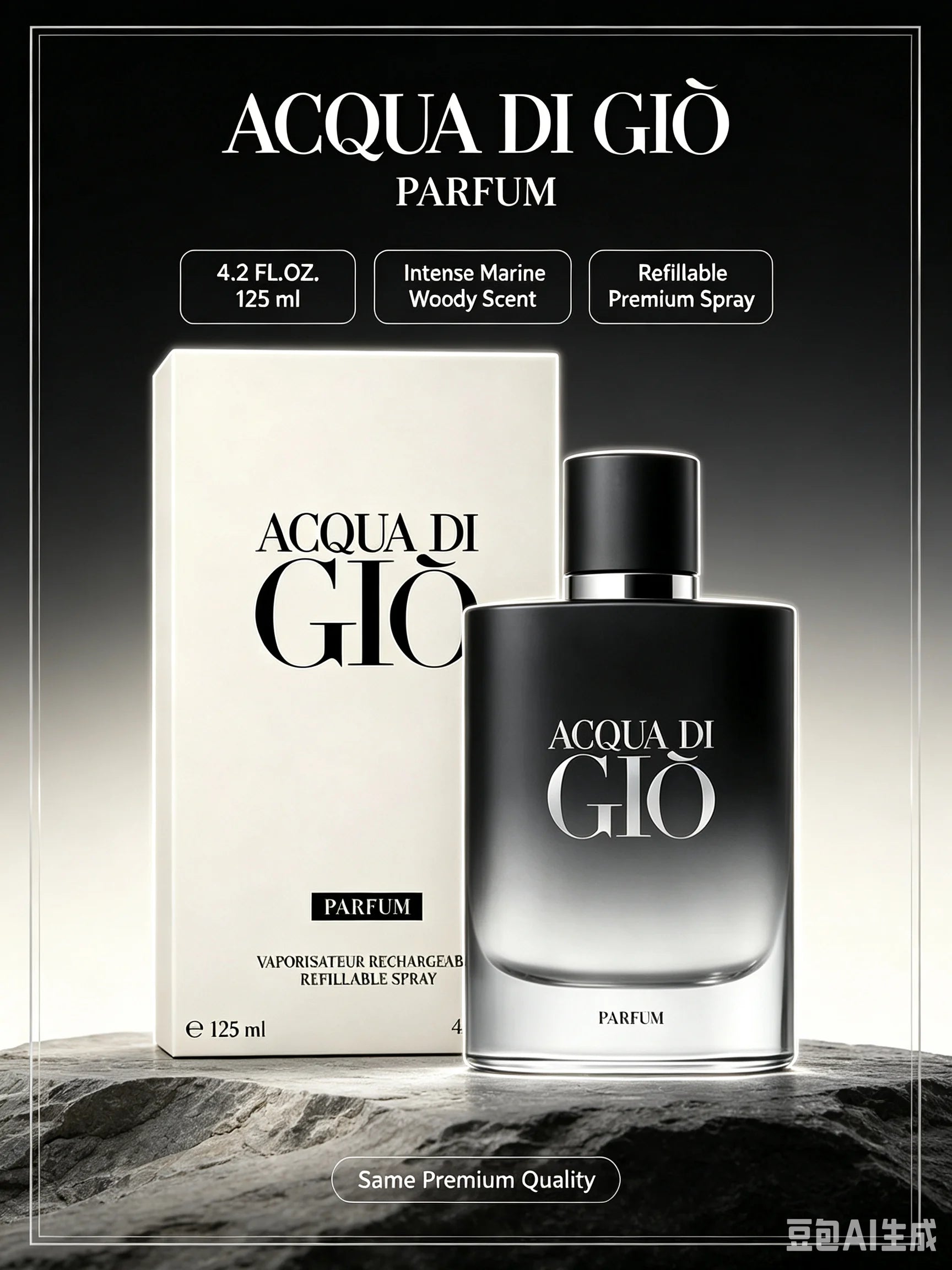 GIO Parfum 4.2oz 125ml, Luxury Smoky Aquatic Woody Men's Cologne, Sea Salt Bergamot Sage Cedarwood Amber, Ultra Long Lasting Refillable Intense Scent for Formal Date Night, Premium Authentic Gift for Him