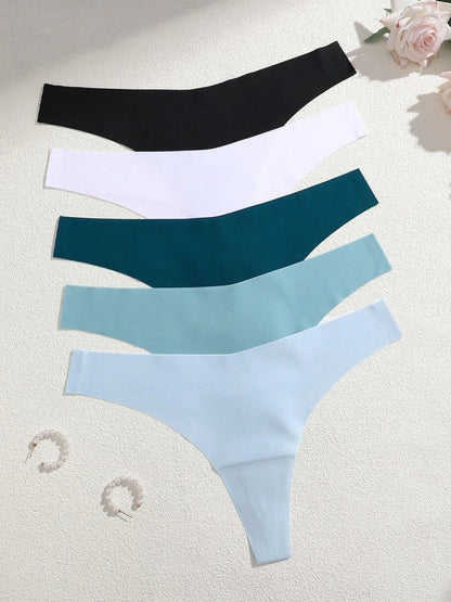 5Pcs Ice Silk Seamless Thongs Women's V-Waist Solid Color Panties Sexy Breathable Low Rise Underwear Invisible Bikini Lingerie