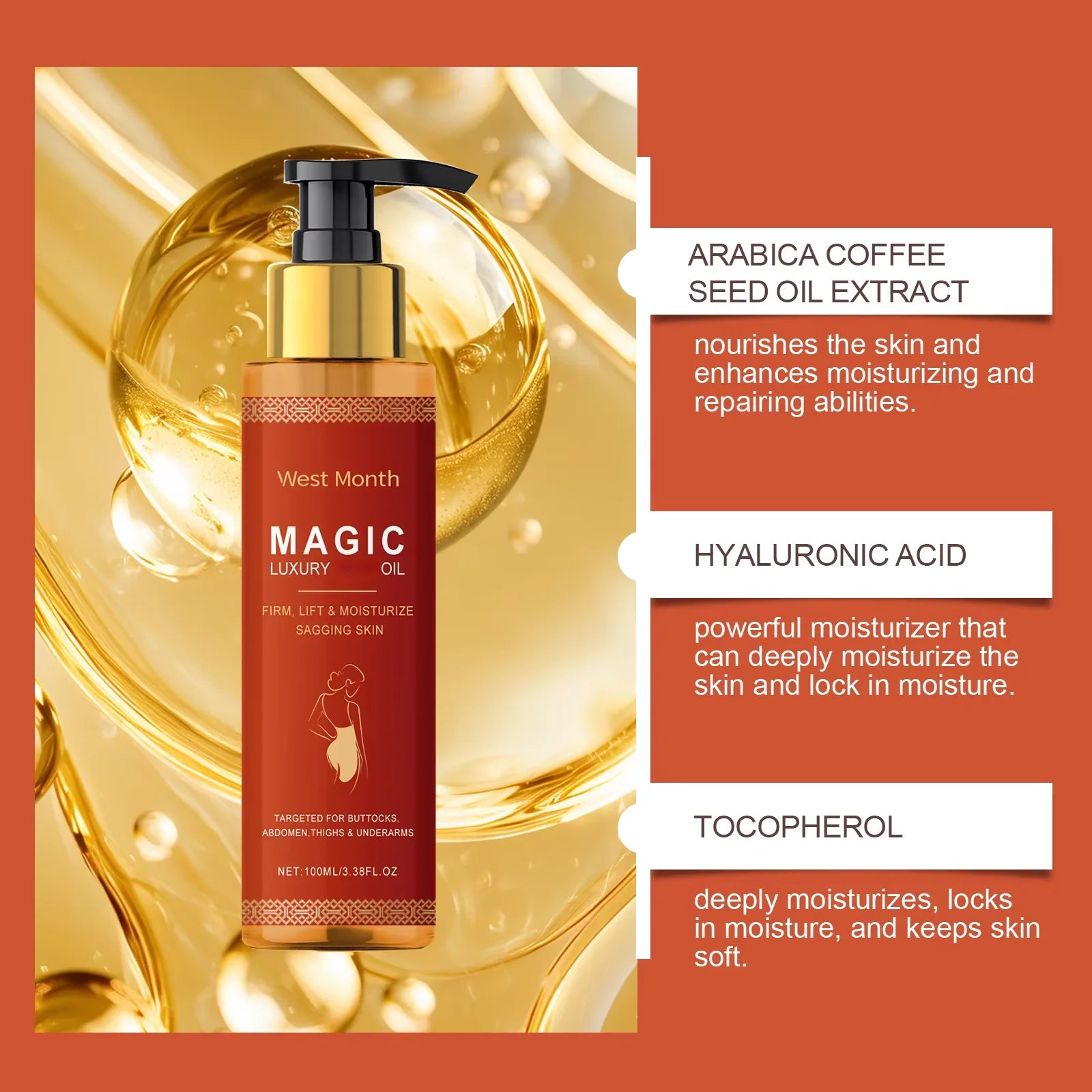Firming Body Oil for Glowing Skin Improve Dry Moisturizing Anti Cellulite Massage Care Lifting Tighten Lightening Repair Smooth
