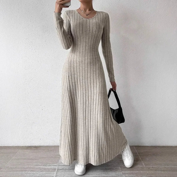 Fashionable Knitted Long Sleeve A- Line Streetwear Dress For Women Smooths And Slims Your Silhouette Solid Color Long Dress