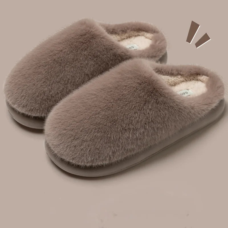 Faux Furry Warm Home Cotton Slippers Women 2025 Winter Closed Toe Platform Plush Slippers Woman Cozy Non Slip Cotton Slides Lady