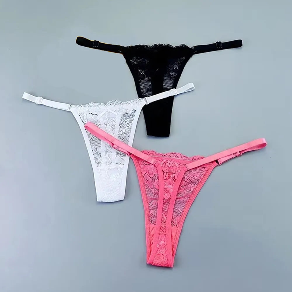 3PCS Adjustable Sexy Transparent Thong Panties Women Lace Underwear Low Waist Female T-back String Underpants