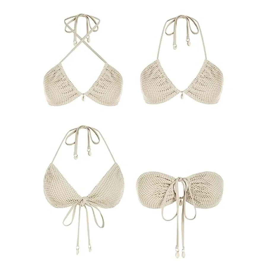 Women's Triangle Bikini Multiway Fishnet Tie Side Bandeau Halter String Bikini Set Two Pcs Swimsuit Bathing Suits
