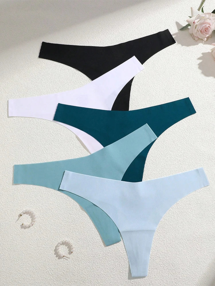 5Pcs Ice Silk Seamless Thongs Women's V-Waist Solid Color Panties Sexy Breathable Low Rise Underwear Invisible Bikini Lingerie