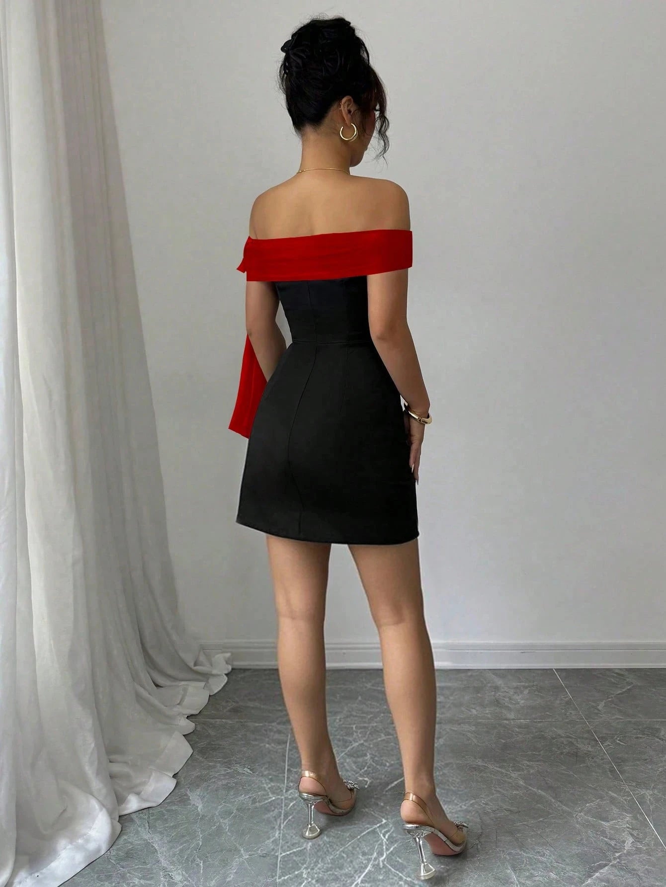 Women Off Shoulder Mini Dress Red Big Bow Spliced Bodycon Short Dresses Elegant Slim Fit Black Little Dress Night Club Party Birthday Outfits Evening Gown