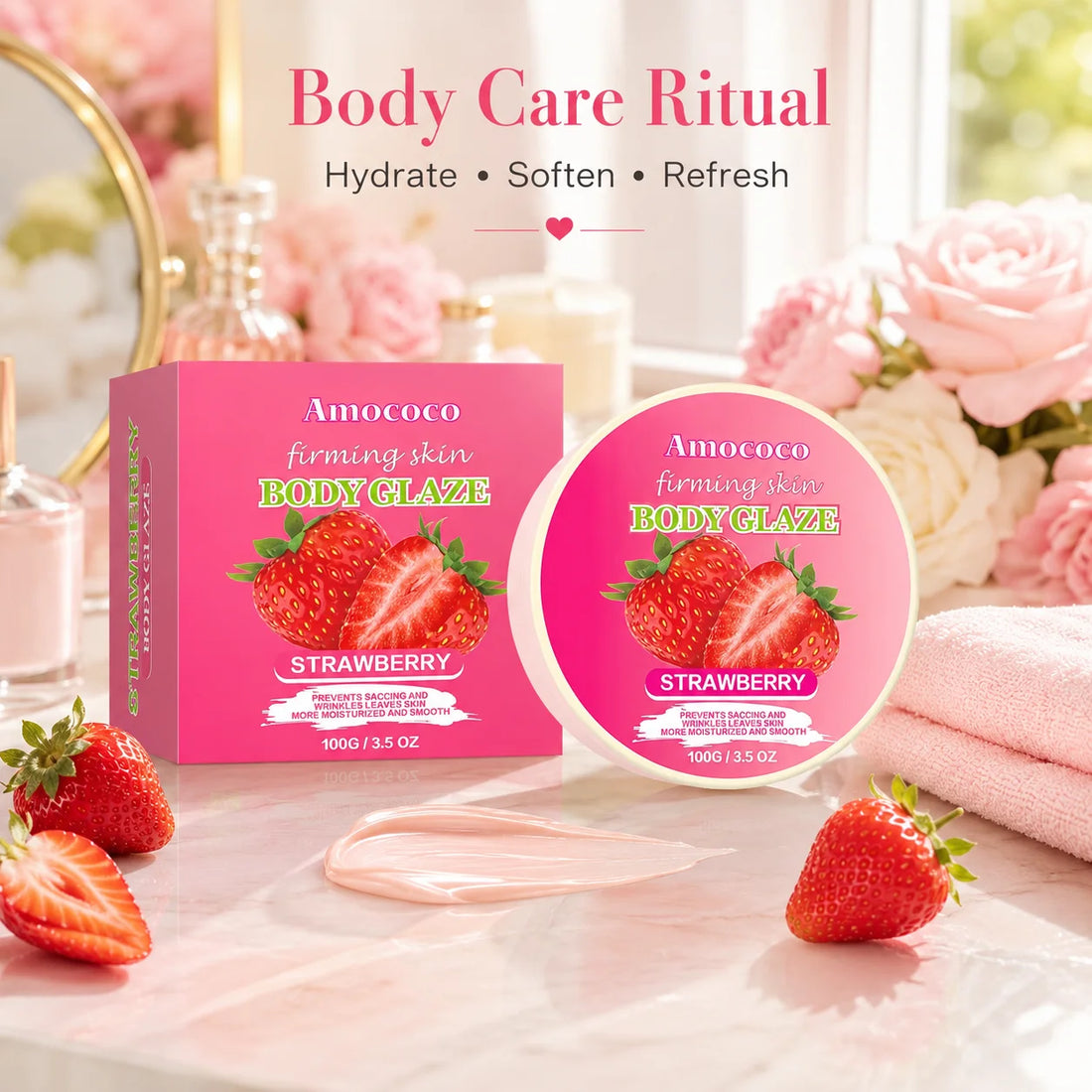 Strawberry Body Glaze Firming Skin Body Cream100g Moisturizing Body Butter  Body Lotion Smooth Fine Lines Anti Dry Rough Skin Luminous Soft  Non Greasy Strawberry Scent For All Skin Daily Skin Care