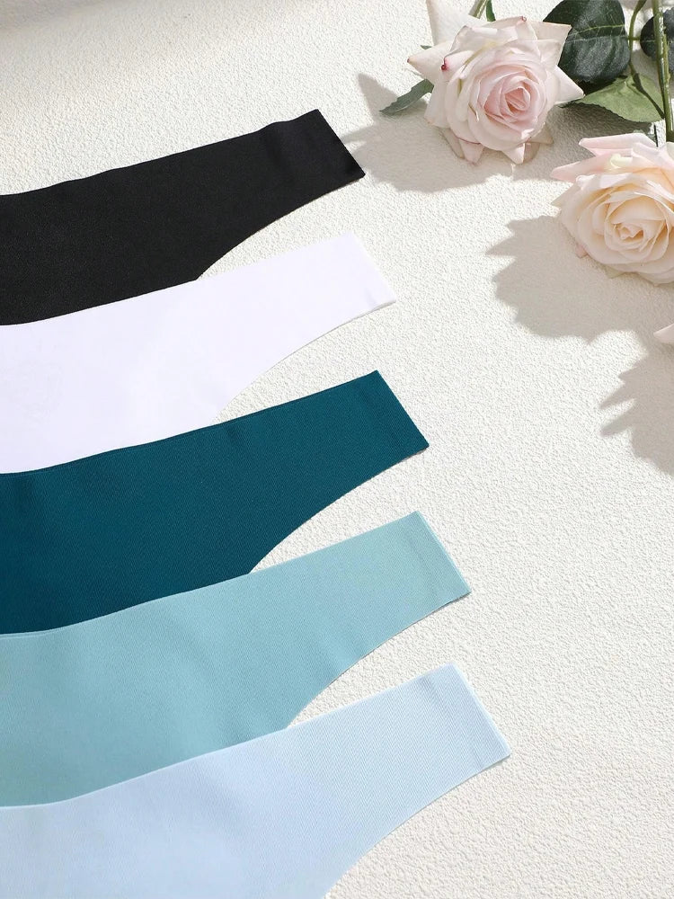 5Pcs Ice Silk Seamless Thongs Women's V-Waist Solid Color Panties Sexy Breathable Low Rise Underwear Invisible Bikini Lingerie