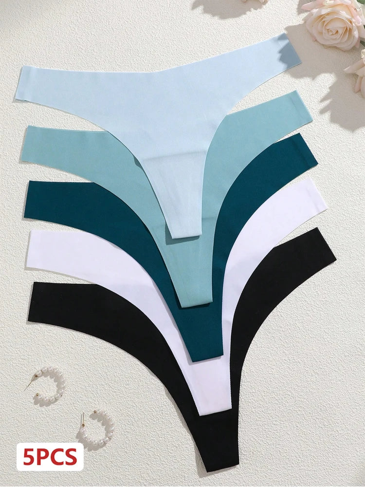 5Pcs Ice Silk Seamless Thongs Women's V-Waist Solid Color Panties Sexy Breathable Low Rise Underwear Invisible Bikini Lingerie