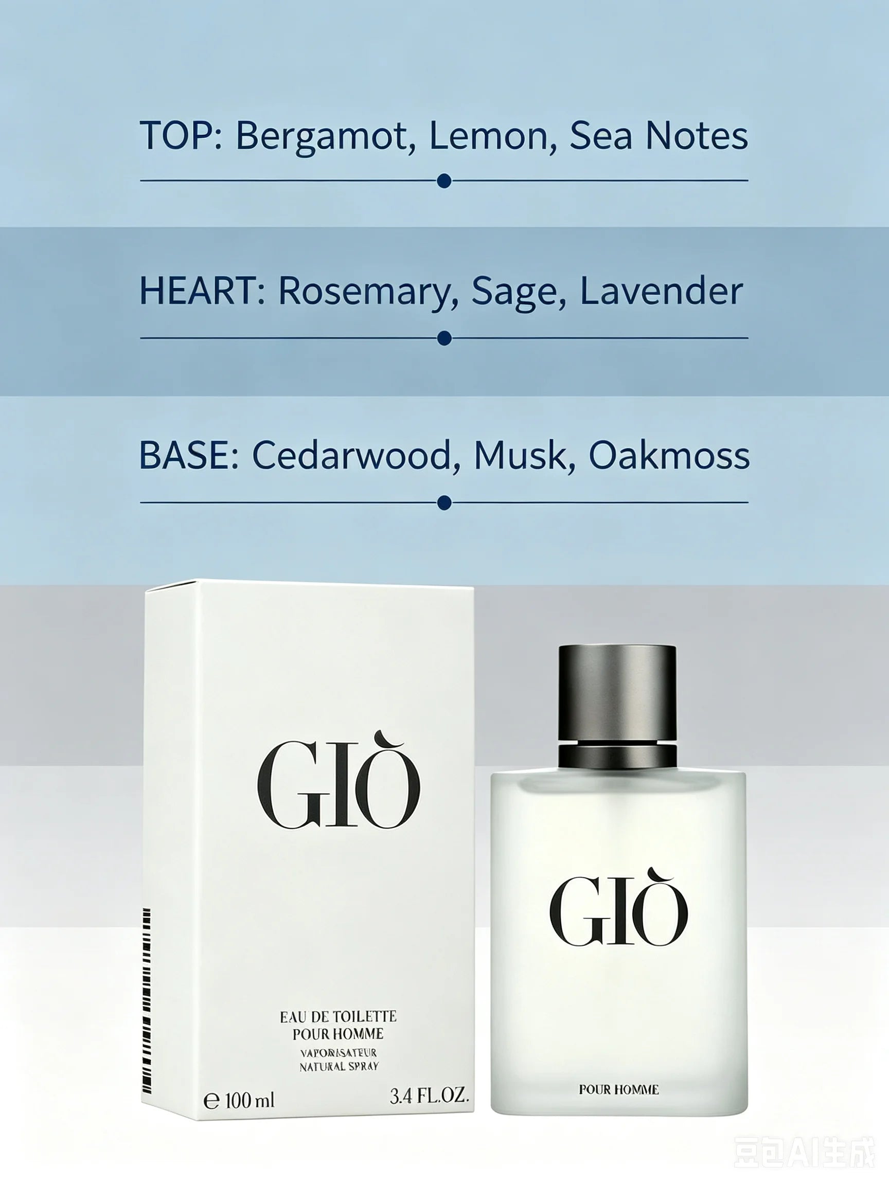 GIO Pour Homme Eau de Toilette 3.4oz 100ml, Iconic Fresh Aquatic Woody Men's Cologne, Sea Salt Bergamot Rosemary Cedarwood White Musk, Long Lasting Daily Office Summer Casual Wear, Timeless Premium Fragrance Gift for Him
