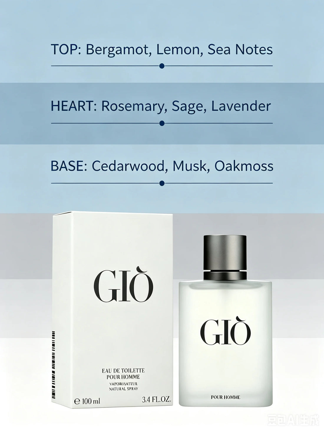 GIO Pour Homme Eau de Toilette 3.4oz 100ml, Iconic Fresh Aquatic Woody Men's Cologne, Sea Salt Bergamot Rosemary Cedarwood White Musk, Long Lasting Daily Office Summer Casual Wear, Timeless Premium Fragrance Gift for Him