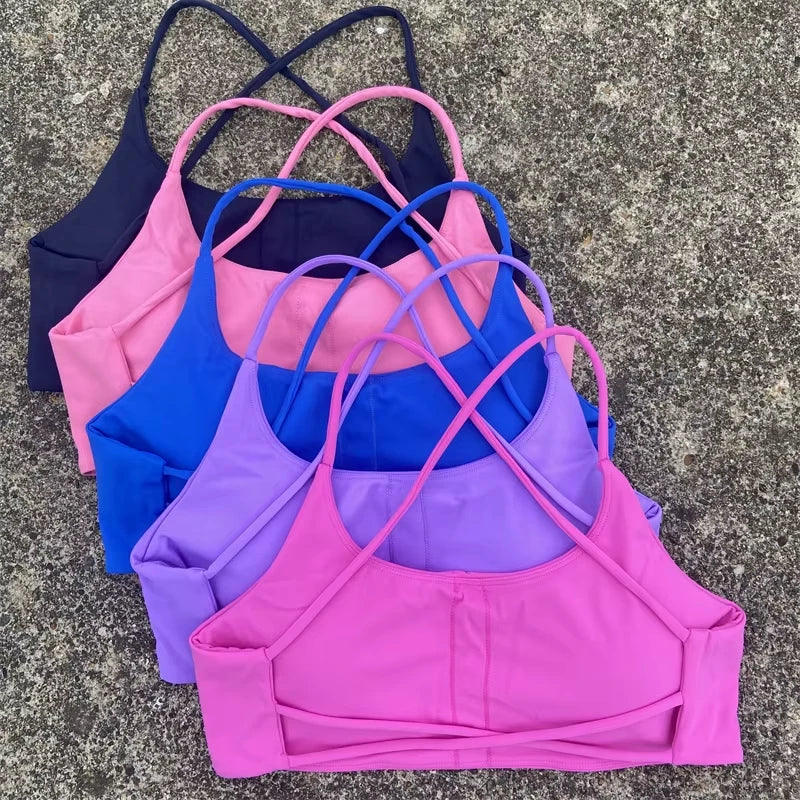 Sexy Soft Fitness Sport Bra Spaghetti Strap Cross Back Hollow Women Top Tight Gym Yoga underwear Athletic Workout With Chest Pad