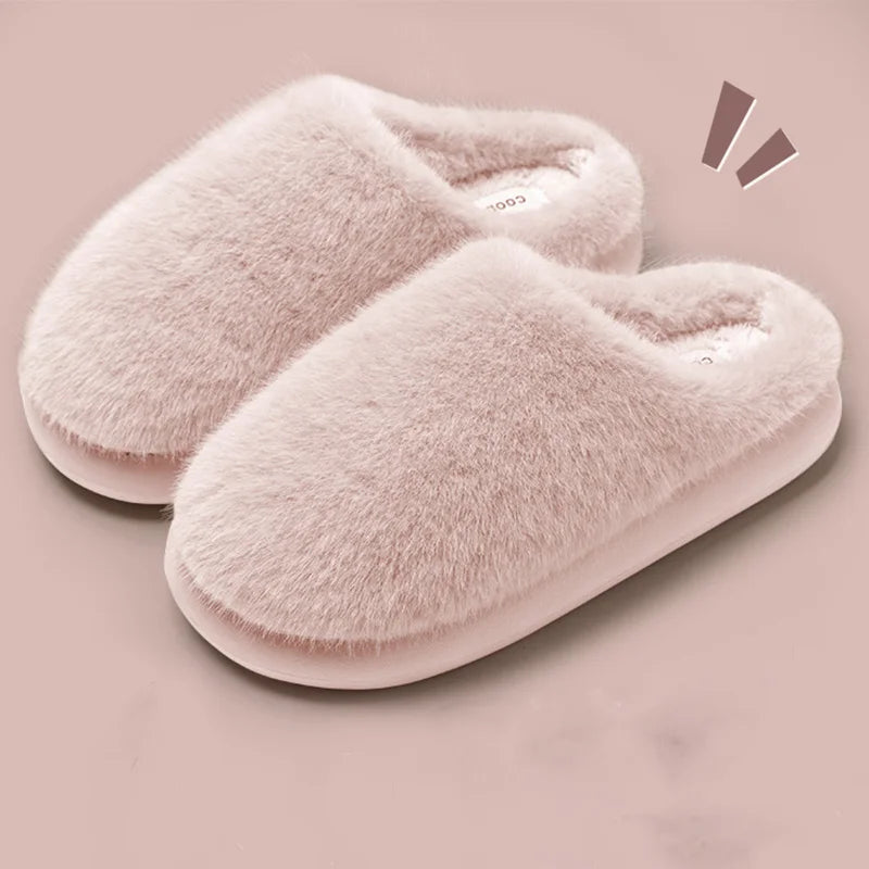 Faux Furry Warm Home Cotton Slippers Women 2025 Winter Closed Toe Platform Plush Slippers Woman Cozy Non Slip Cotton Slides Lady