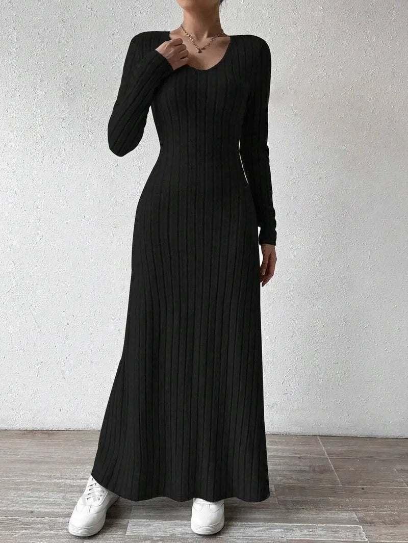 Fashionable Knitted Long Sleeve A- Line Streetwear Dress For Women Smooths And Slims Your Silhouette Solid Color Long Dress