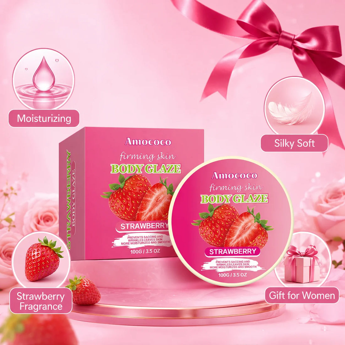 Strawberry Body Glaze Firming Skin Body Cream100g Moisturizing Body Butter  Body Lotion Smooth Fine Lines Anti Dry Rough Skin Luminous Soft  Non Greasy Strawberry Scent For All Skin Daily Skin Care