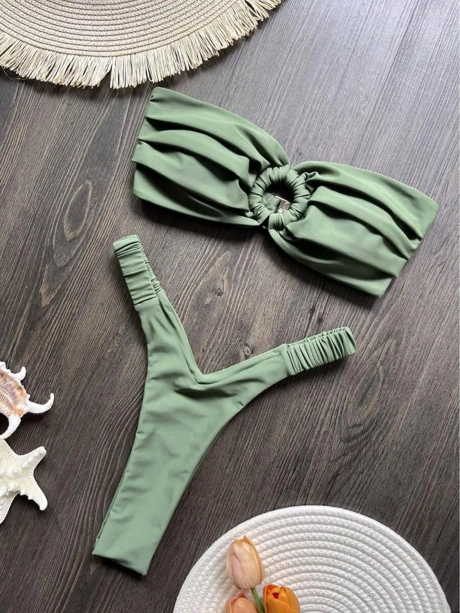 Pleated Solid Yellow Bikini Set Women Beach Swimsuit