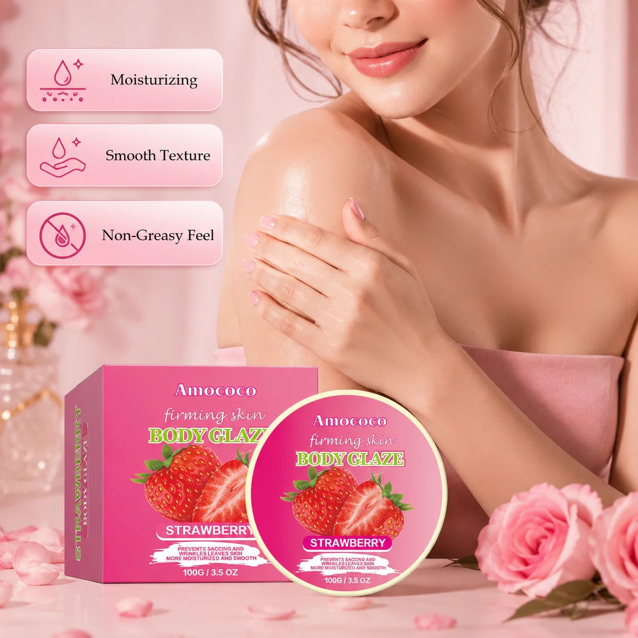 Strawberry Body Glaze Firming Skin Body Cream100g Moisturizing Body Butter  Body Lotion Smooth Fine Lines Anti Dry Rough Skin Luminous Soft  Non Greasy Strawberry Scent For All Skin Daily Skin Care