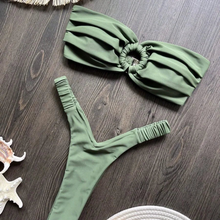 Pleated Solid Yellow Bikini Set Women Beach Swimsuit