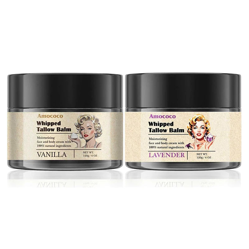 Amococo 2/3pcs Whipped Tallow Balm 120g 4oz Beef Tallow Moisturizer Cream Lavender Vanilla Scent Face Body Care Grass Fed Tallow with Olive Oil Essential Oil Nourishing Skin Moisturizing Balm