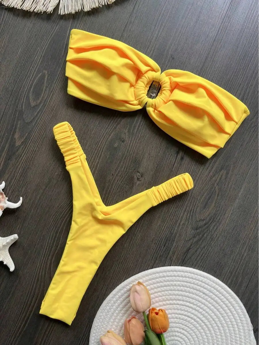 Pleated Solid Yellow Bikini Set Women Beach Swimsuit