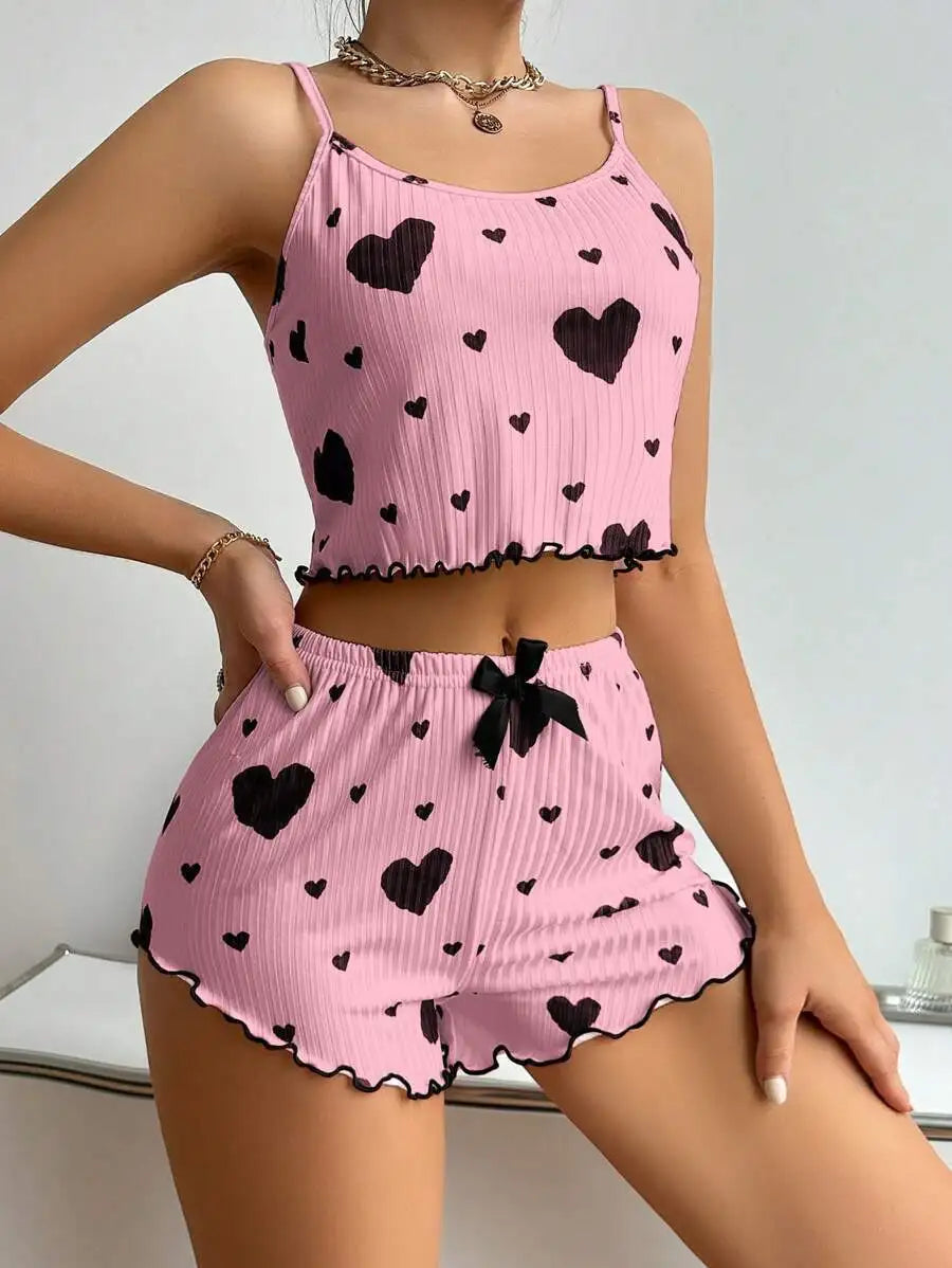 Women's Pajamas Set Sleepwear 2 PCS Short Tank Tops And Shorts S M L White Ventilate Soft Casual Love Printing
