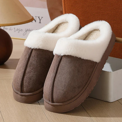 Women's plush slippers winter outdoor, thick sole non-slip fur flip flops with fur collar, warm unisex house shoes for home use