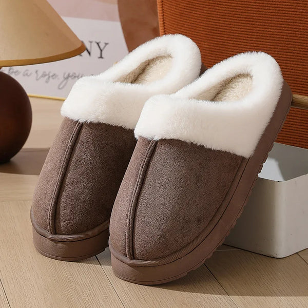 Women's plush slippers winter outdoor, thick sole non-slip fur flip flops with fur collar, warm unisex house shoes for home use