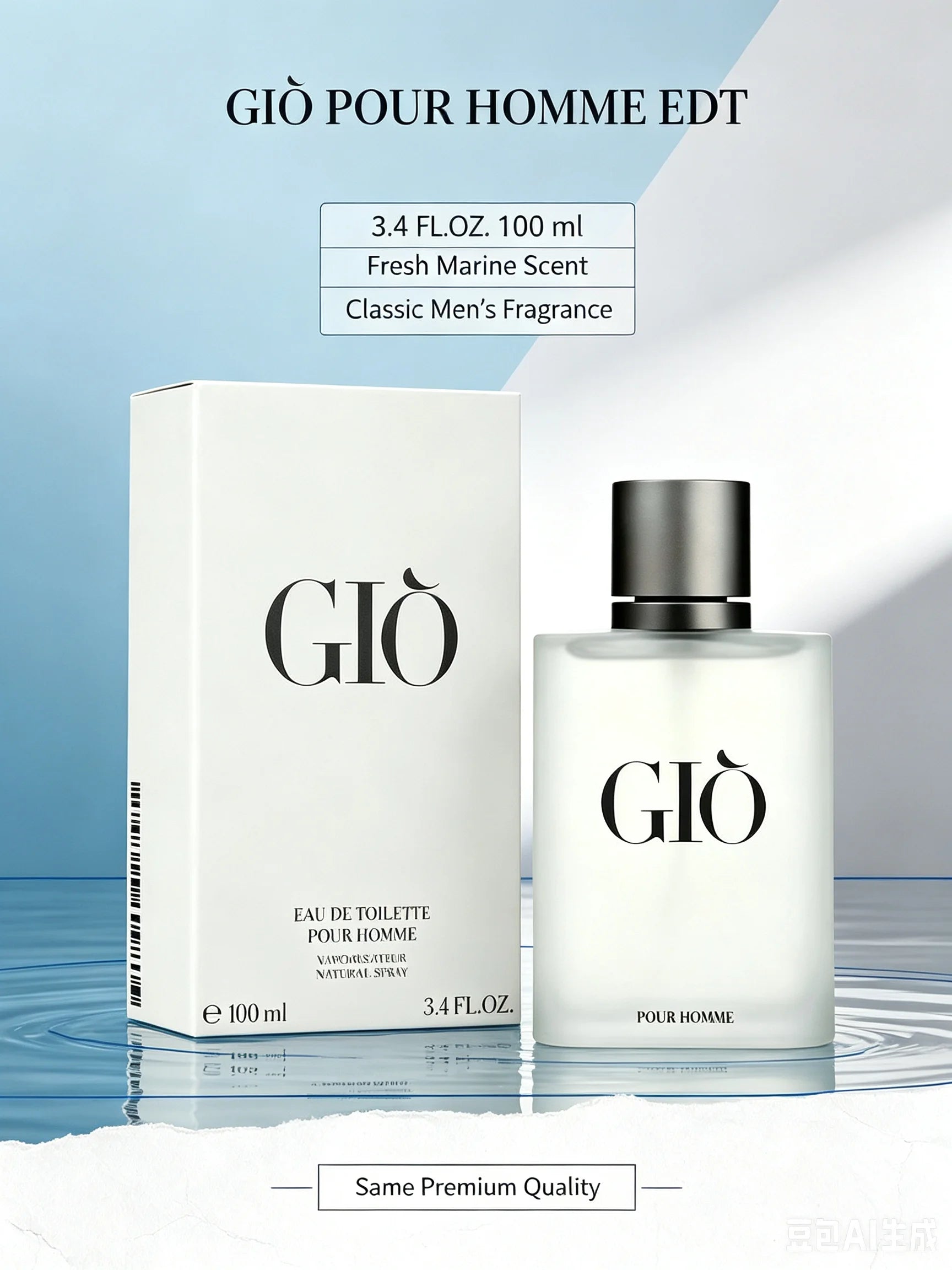 GIO Pour Homme Eau de Toilette 3.4oz 100ml, Iconic Fresh Aquatic Woody Men's Cologne, Sea Salt Bergamot Rosemary Cedarwood White Musk, Long Lasting Daily Office Summer Casual Wear, Timeless Premium Fragrance Gift for Him
