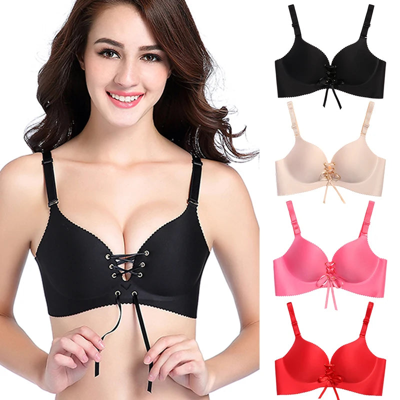 Women Push Up Bra Sexy Wire Free Lingerie Seamless Brassiere Intimates Underwear Female Deep V Bowknot Bralette Bra