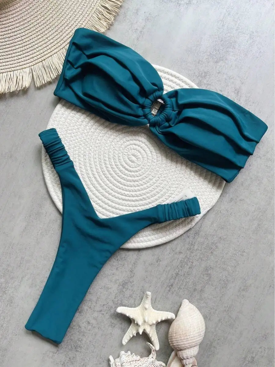 Pleated Solid Yellow Bikini Set Women Beach Swimsuit