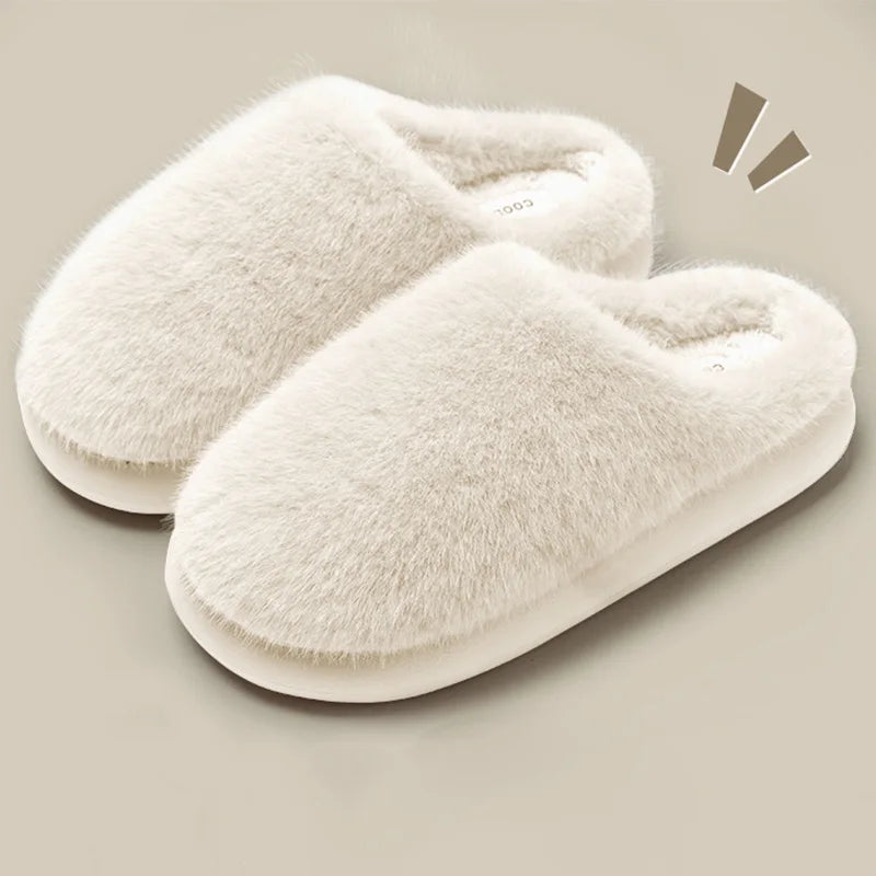 Faux Furry Warm Home Cotton Slippers Women 2025 Winter Closed Toe Platform Plush Slippers Woman Cozy Non Slip Cotton Slides Lady