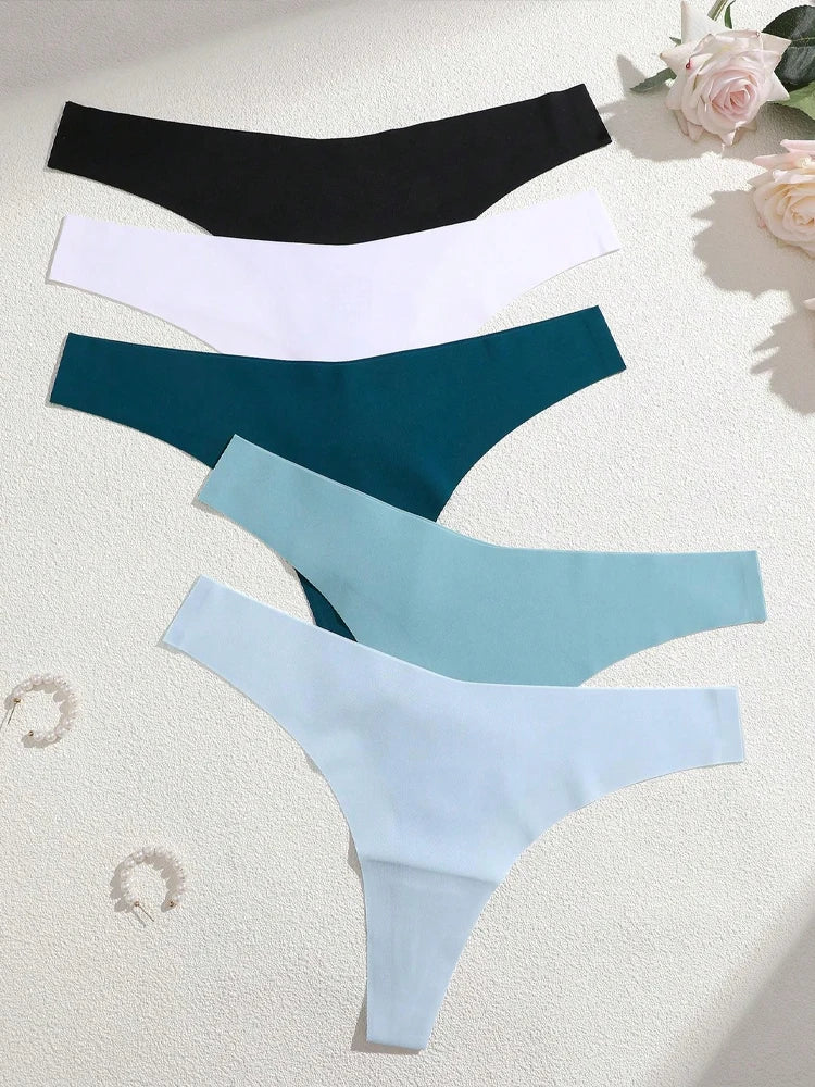 5Pcs Ice Silk Seamless Thongs Women's V-Waist Solid Color Panties Sexy Breathable Low Rise Underwear Invisible Bikini Lingerie