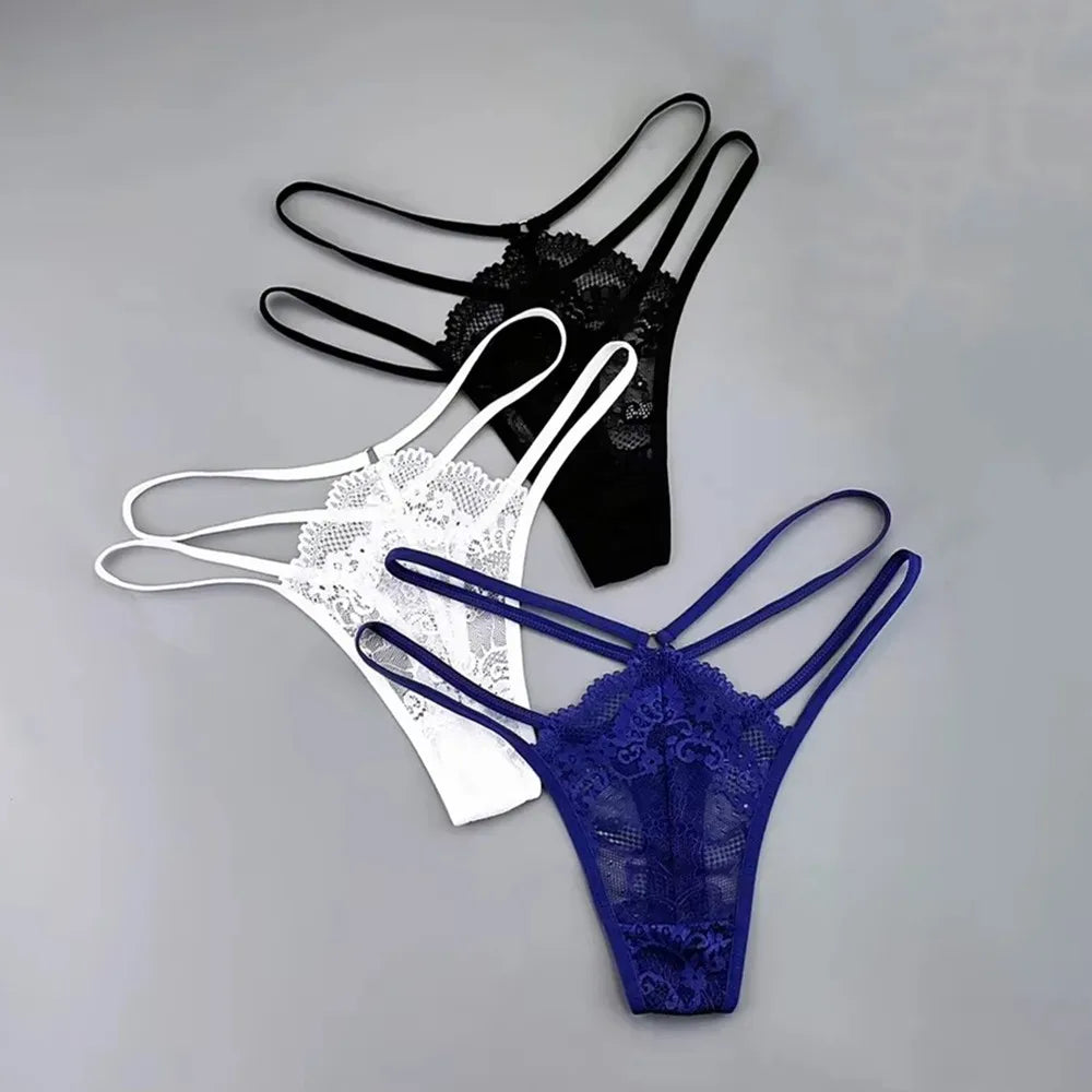 3 Pcs Lace Thin Strap Thong Women Low Waist Sexy Perspective Underwear Ladies Transparent G-string Panty Plus Size T-back