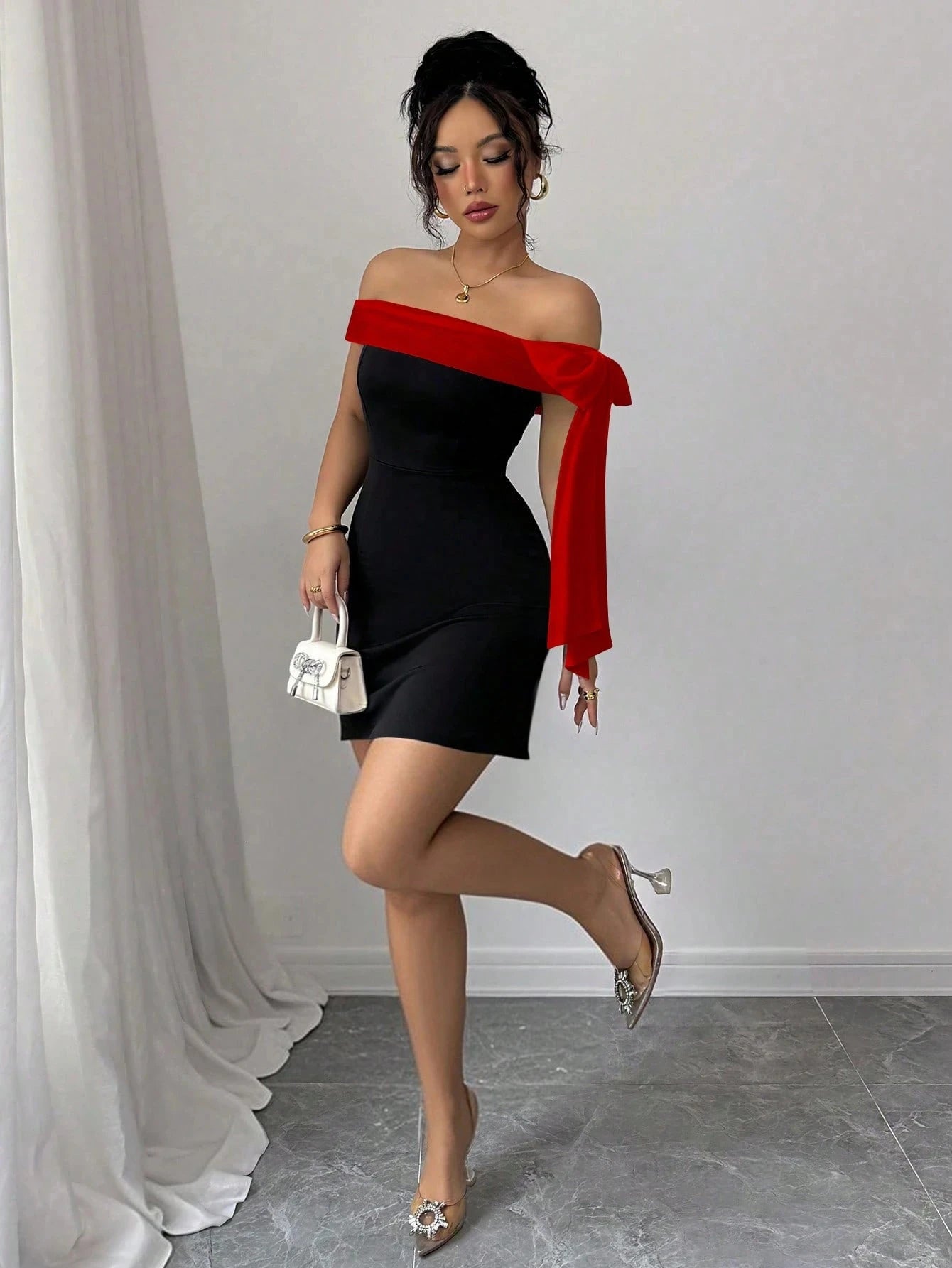 Women Off Shoulder Mini Dress Red Big Bow Spliced Bodycon Short Dresses Elegant Slim Fit Black Little Dress Night Club Party Birthday Outfits Evening Gown