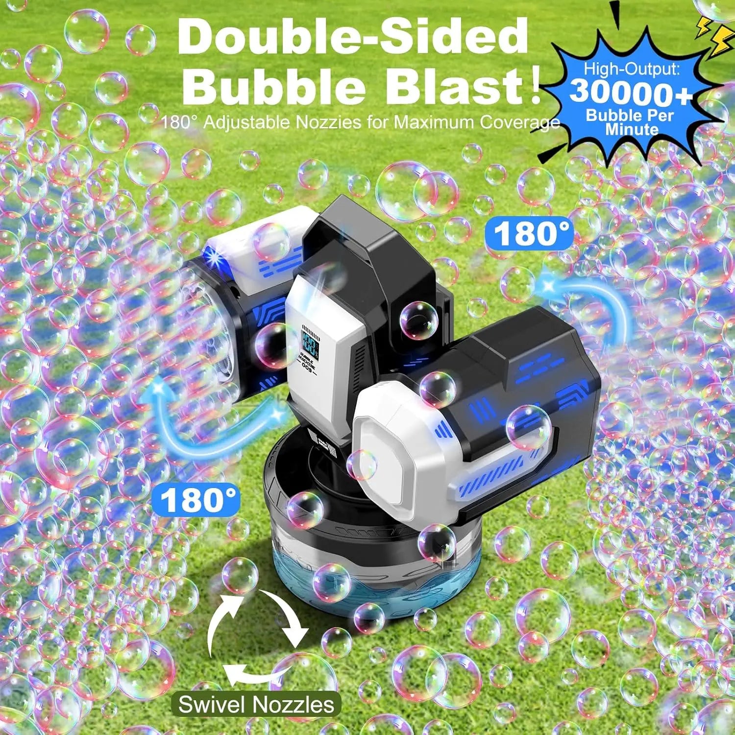2026 Rechargeable RGB Bubble Machine, 30000 Bubbles/Min, 360° Auto Rotation, Type-C & Remote Control. Great for Weddings, Kids Parties & Outdoor Activities