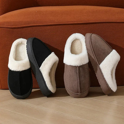 Women's plush slippers winter outdoor, thick sole non-slip fur flip flops with fur collar, warm unisex house shoes for home use