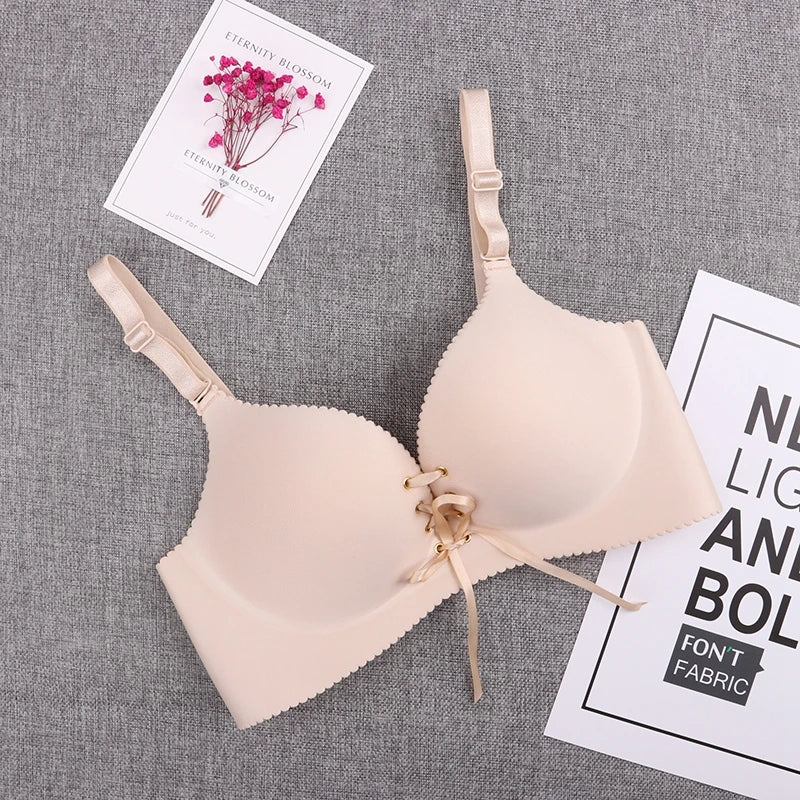 Women Push Up Bra Sexy Wire Free Lingerie Seamless Brassiere Intimates Underwear Female Deep V Bowknot Bralette Bra